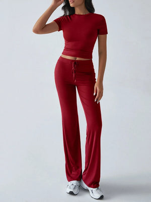 Front clean look of round neck short sleeve top and pants set