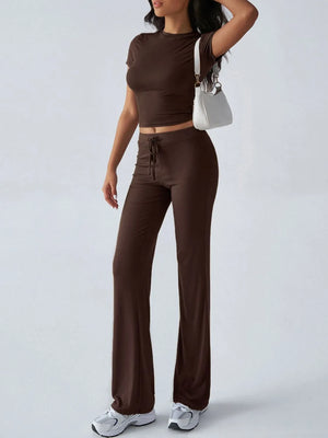 Front modern casual view of round neck short sleeve top and pants set