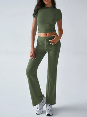 Front loose fit of round neck short sleeve top and pants set