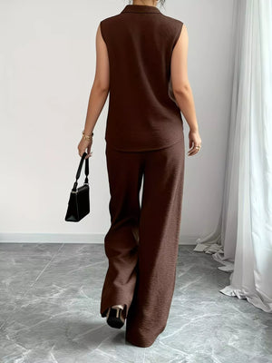 sleeveless top and wide leg pants set back view