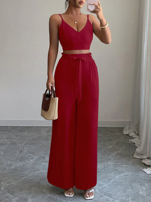 Sleeveless V-neck cami with wide leg pants front outfit