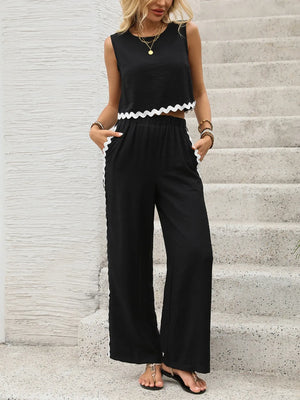 Front view of round neck sleeveless top and pants set
