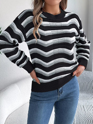 Front view of cozy striped pullover sweater with long sleeves