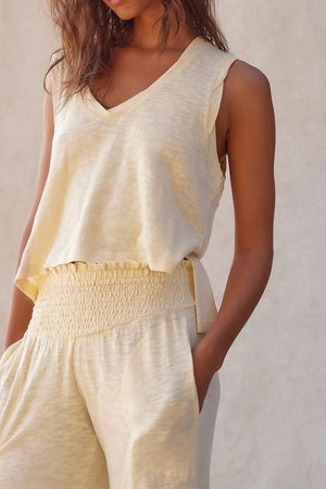 Front view of Solid Color Tank Top and Smocked Waist Pants Set showing fit
