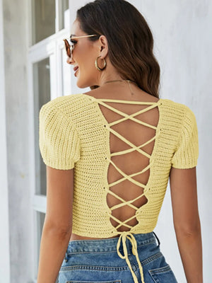 Back view lace-up square neck openwork knit sweater