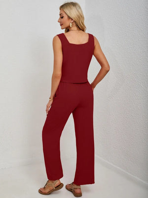 Back full look of square neck tank and pants set