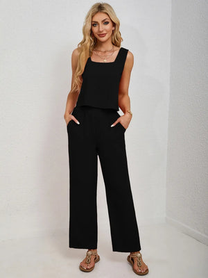 Front lifestyle look of square neck tank and pants set