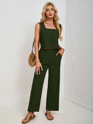 Front everyday styling of square neck tank and pants set