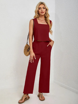 Front modern fashion view of square neck tank and pants set