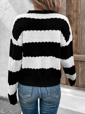 Back view of Perfee Striped Round Neck Long Sleeve Sweater