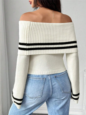 Back view of ribbed off-shoulder striped knit top