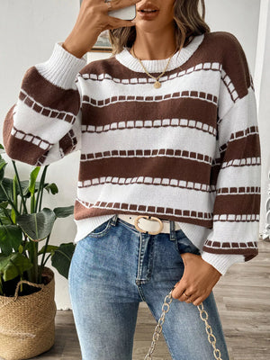 striped knit dropped shoulder sweater front view relaxed fit