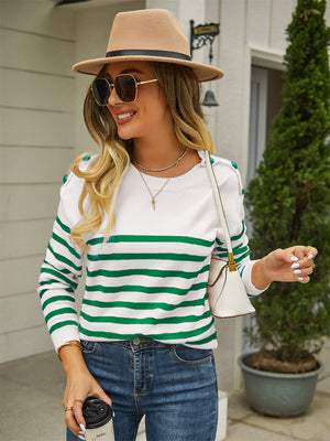 Fashion striped sweater front with unique shoulder buttons