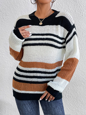 Front view striped knit sweater round neck comfortable outfit