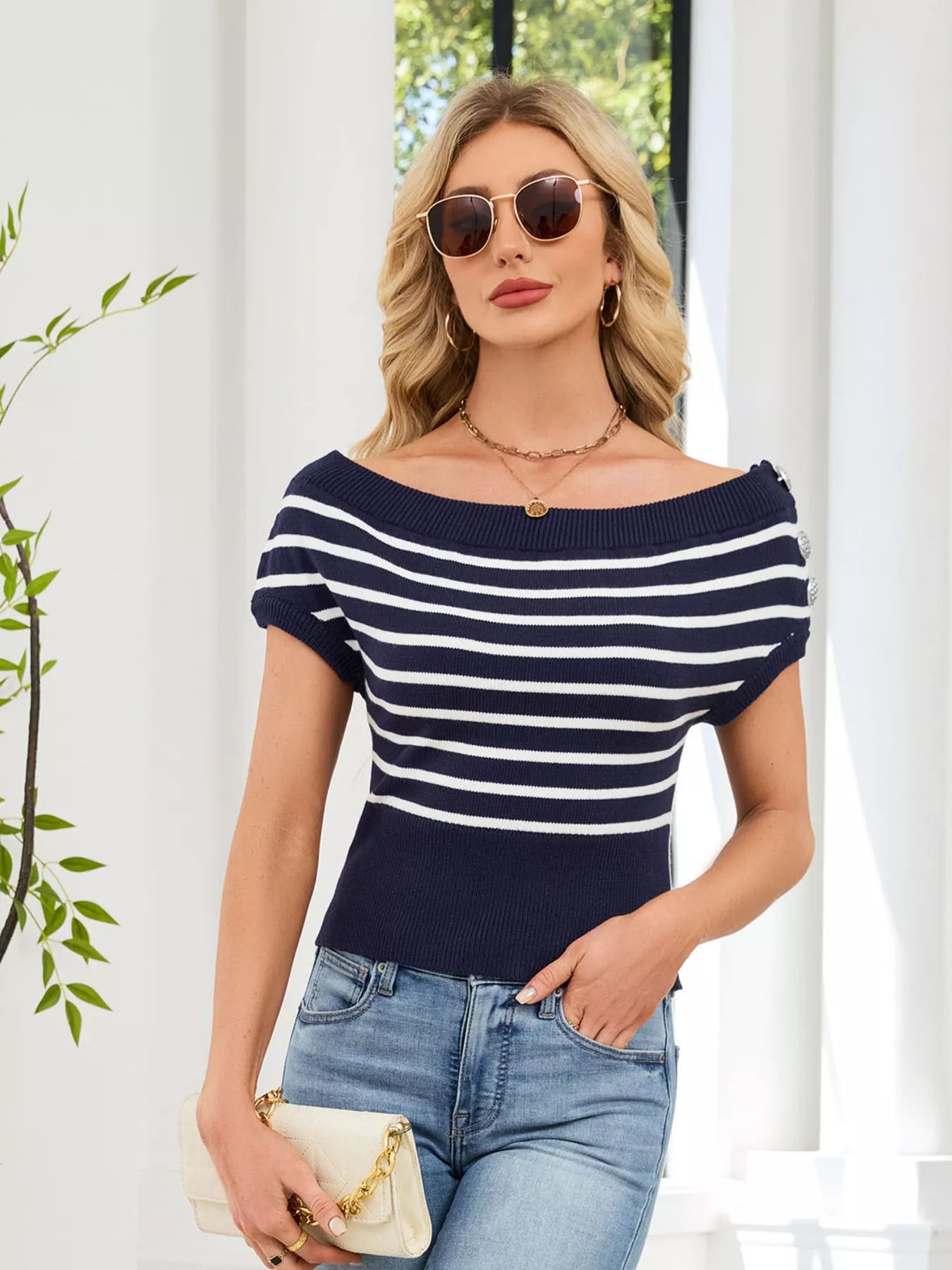 Front view of Striped Short Sleeve Sweater with short sleeves