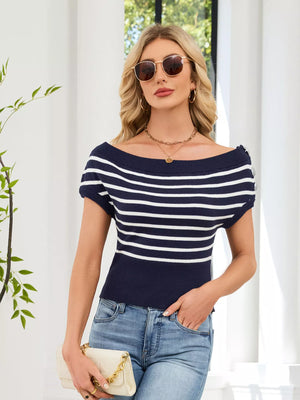 Front view of Striped Short Sleeve Sweater with short sleeves