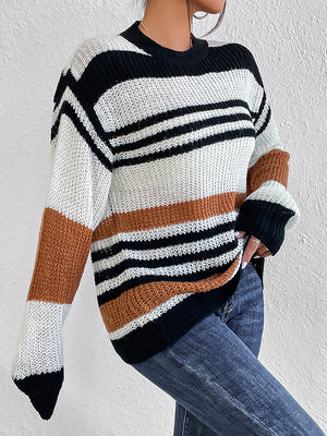 Striped round neck sweater front view trendy casual wear
