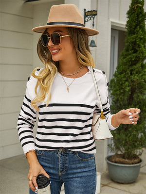 Stylish striped pullover sweater with shoulder button detail front
