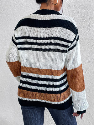 Striped round neck sweater back view showing design details