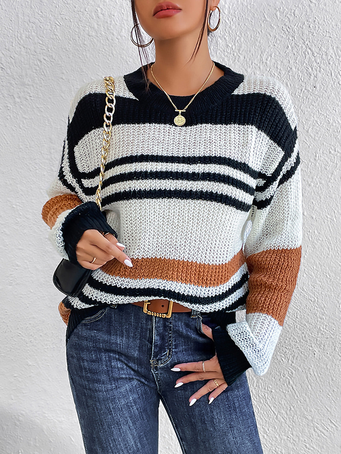 Striped round neck sweater front view casual knitwear style