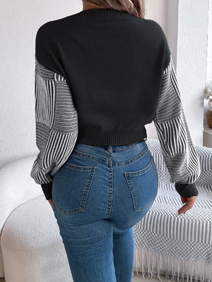 Striped V-neck long sleeve sweater back view
