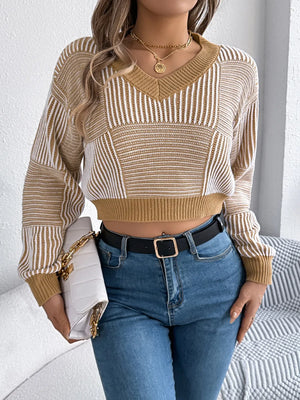 Soft knit striped V-neck long sleeve sweater front