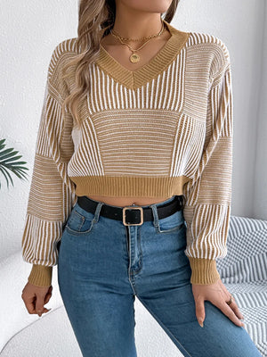 Casual striped V-neck sweater long sleeve front look