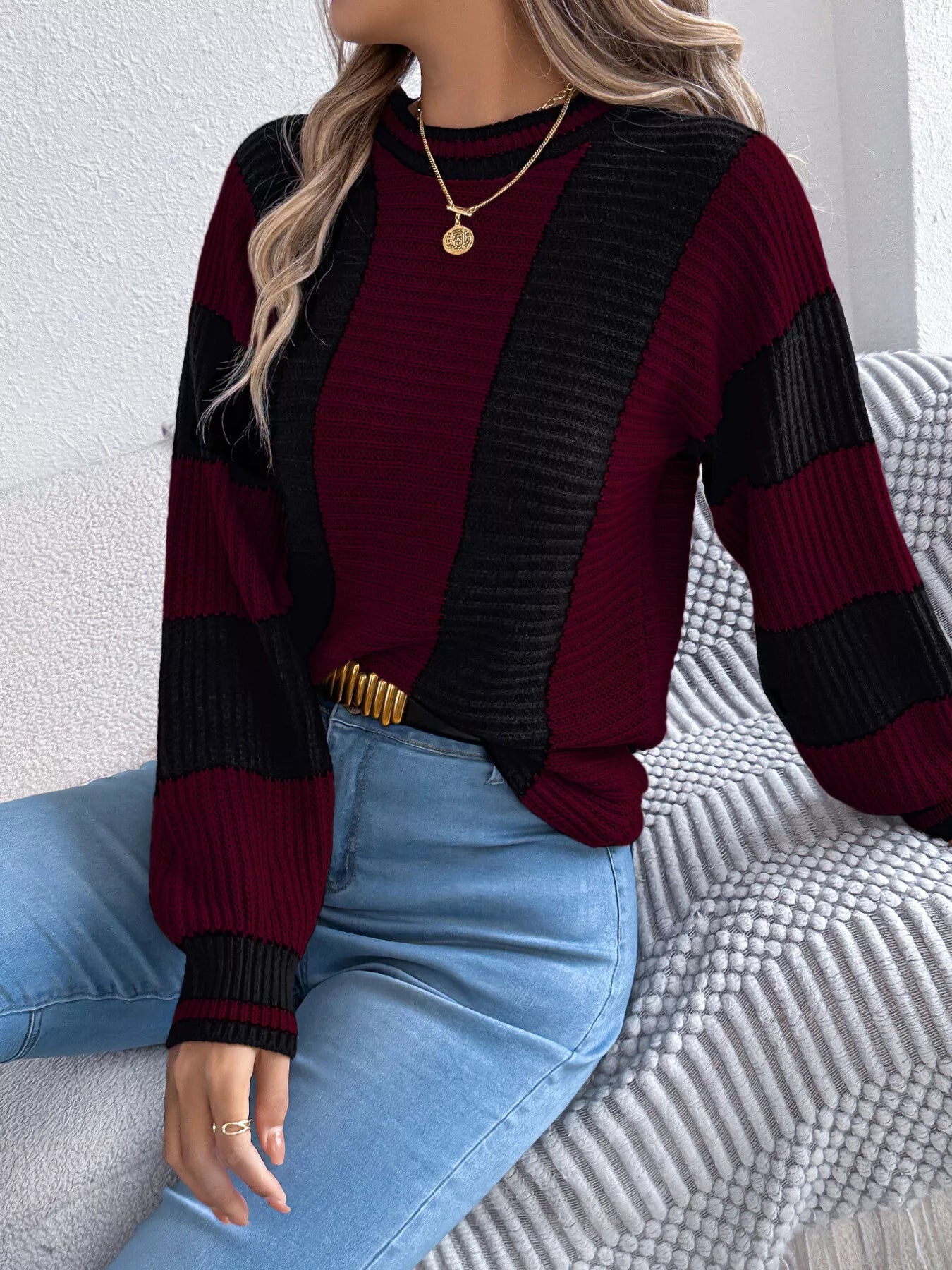 cozy color block sweater front view women