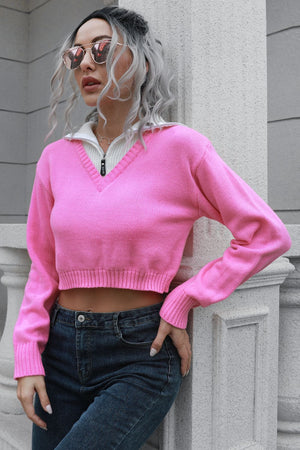 Slight side angle view of contrast collared cropped sweater