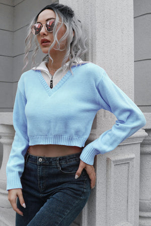 Side-tilted view of cropped contrast collar sweater