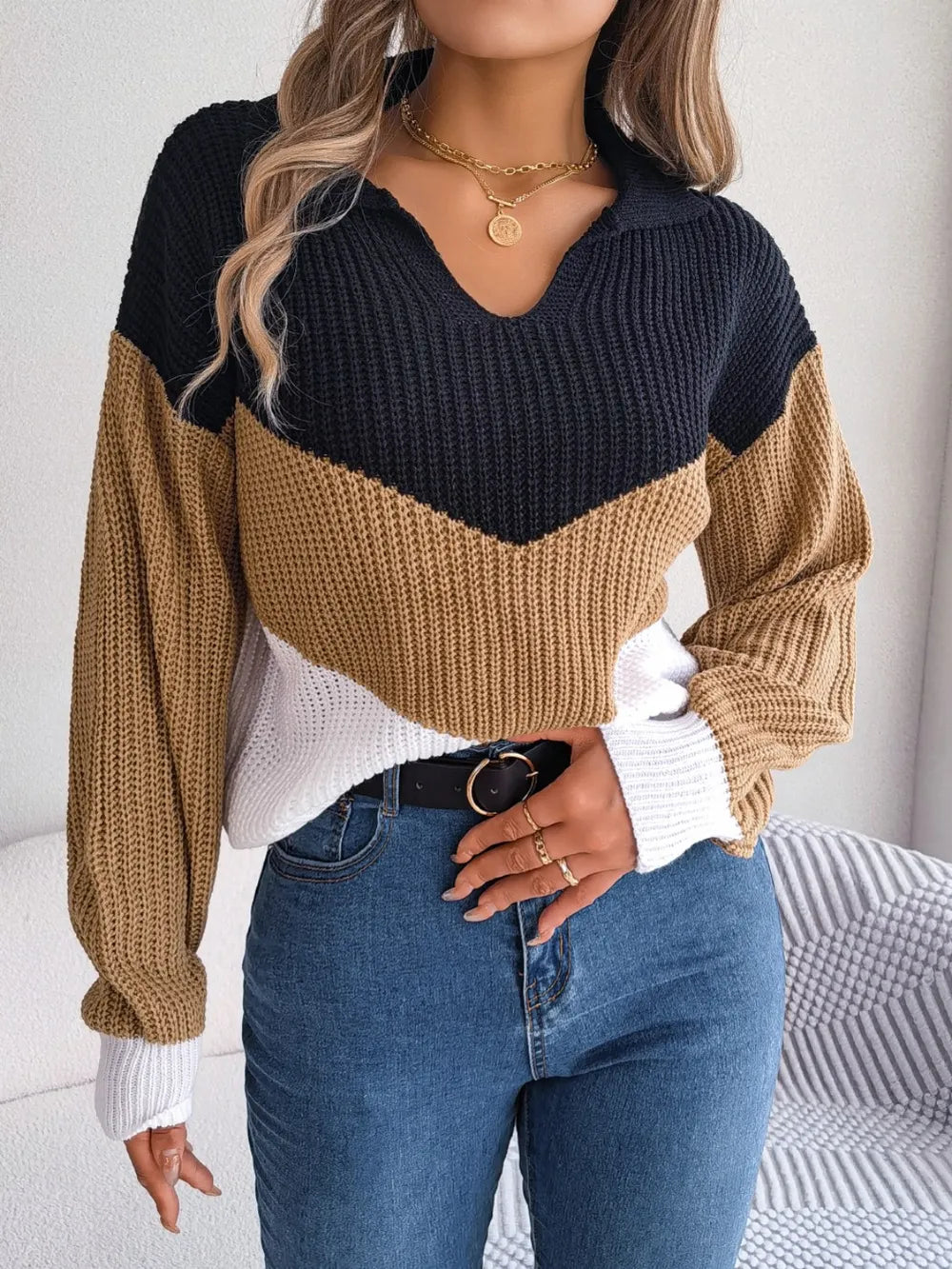 front view of color block dropped shoulder sweater oversized knit
