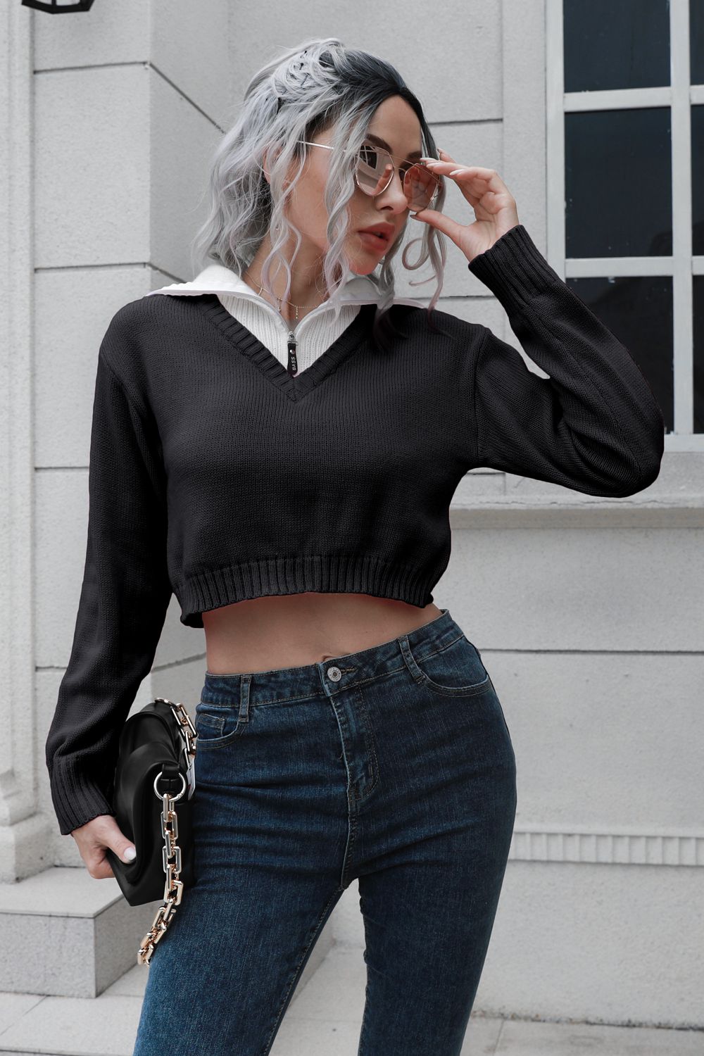 Contrast collar cropped sweater front look