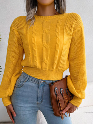 Front design of round neck cable knit cropped sweater
