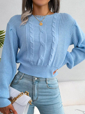 Cable knit round neck cropped sweater front