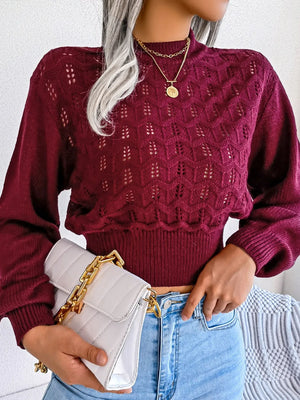 Openwork knit cropped sweater worn from front