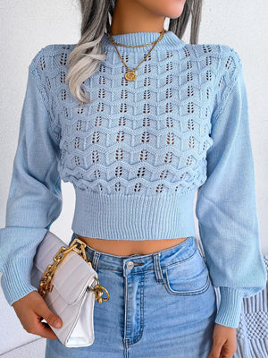Openwork long sleeve cropped sweater front styling