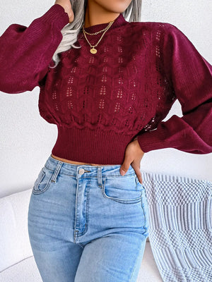 Side view of openwork mock neck cropped sweater