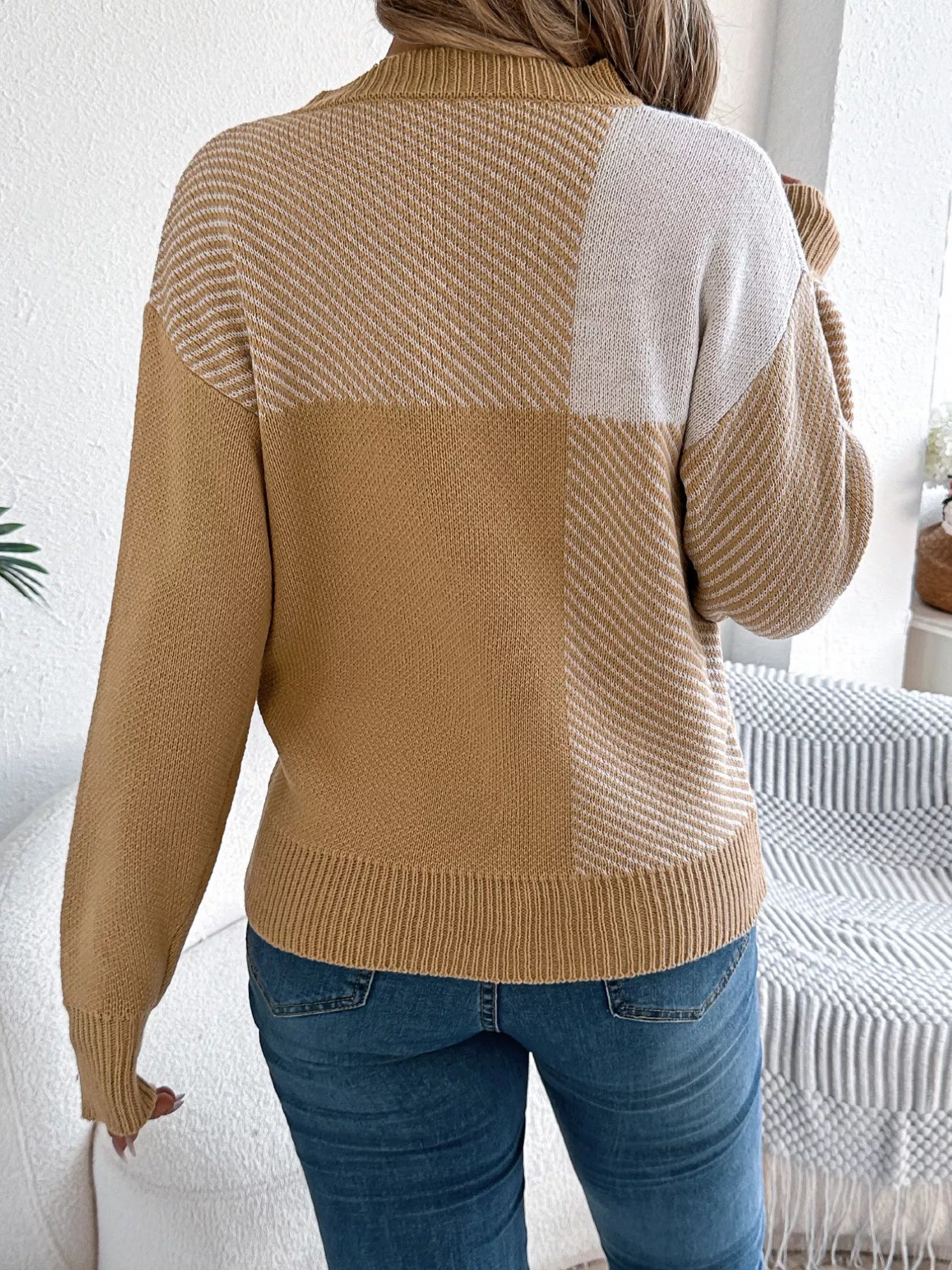 Color block striped round neck sweater back view