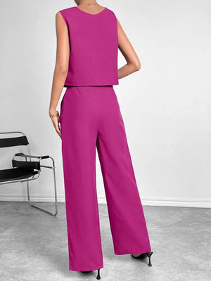 Rear full look of round neck tank and wide leg pants set
