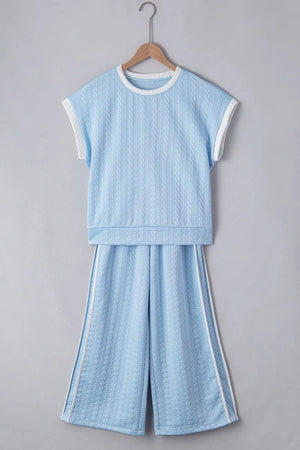 Textured contrast edge top and pants set flat lay