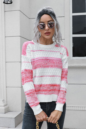 Stylish front look of two-tone side slit sweater