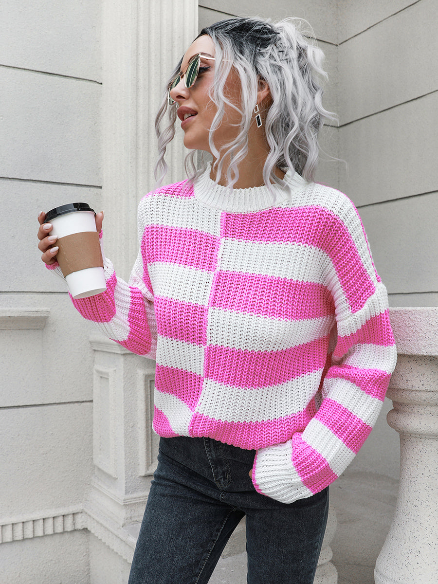 Front view of two-tone dropped shoulder sweater