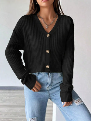 Front view of V-neck button-up cardigan