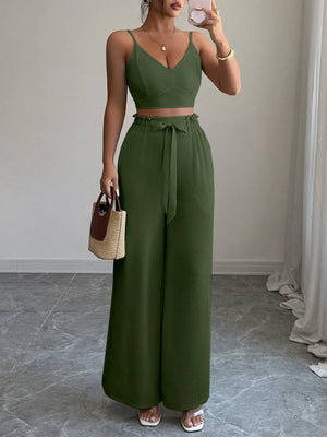 Front view of V-Neck cami and wide leg pants set for women