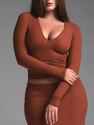 Trendy V-neck long sleeve crop t-shirt front