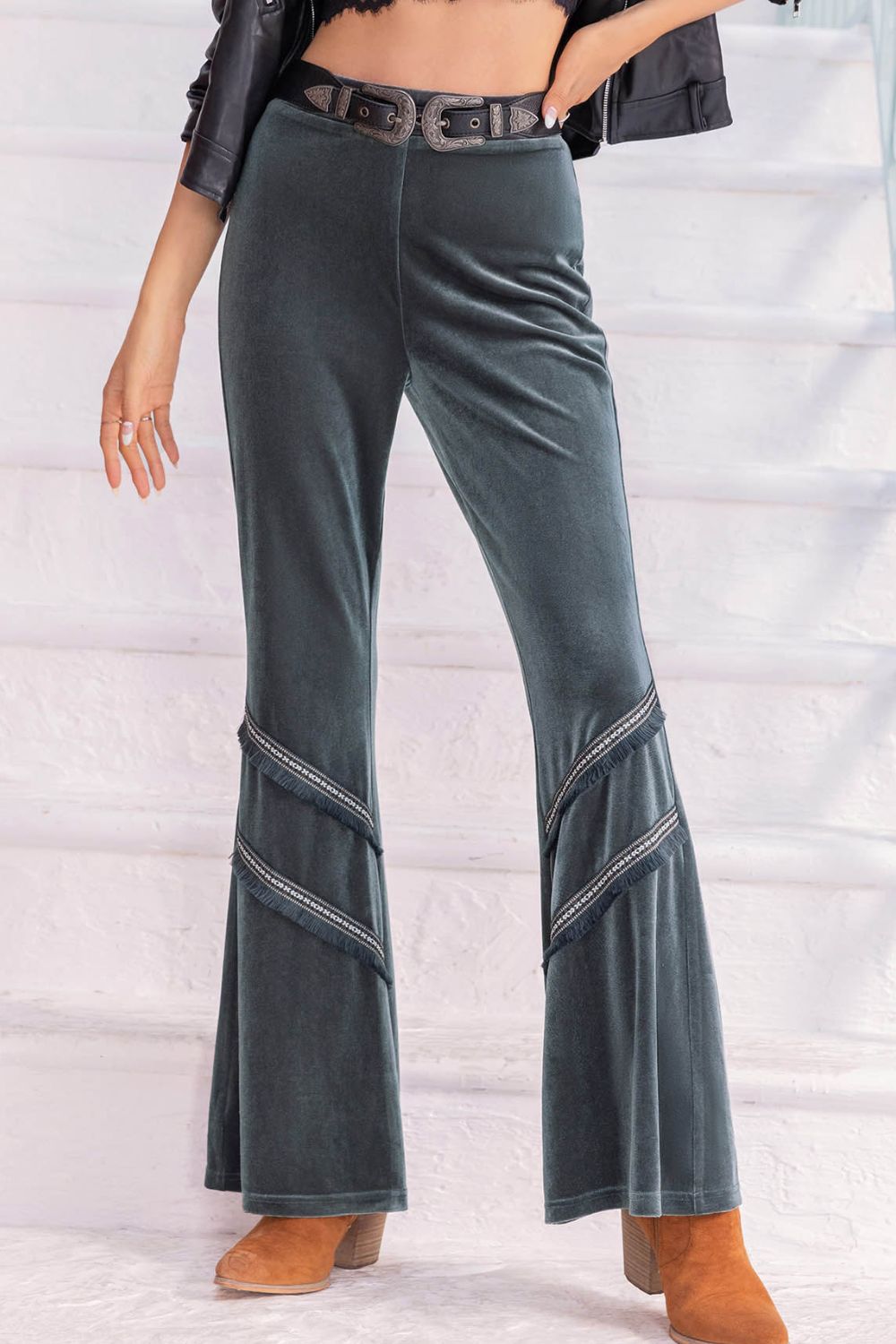 Long wide leg pants front view showing relaxed fit