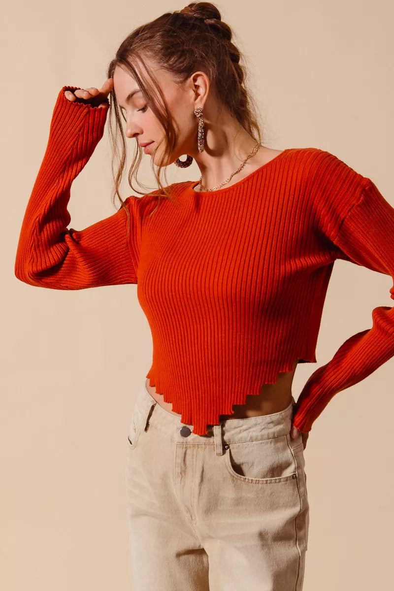 SO ME Rib Knitted Crop Sweater Top With Shaped Hem – Side View