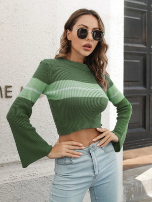 (Ribbed color block round neck cropped sweater side view)