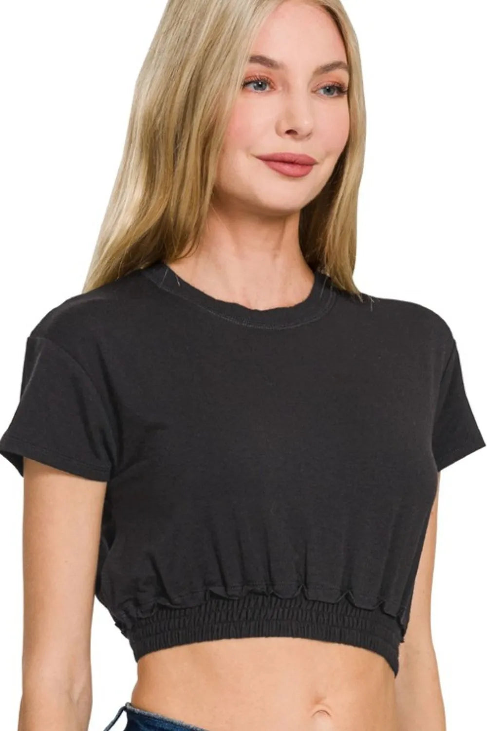 Zenana Elastic Hem Crop Top - Front view showing elastic hem and flared fit