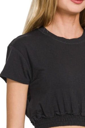 Zenana Elastic Hem Crop Top - Close-up of fabric texture and stitching details
